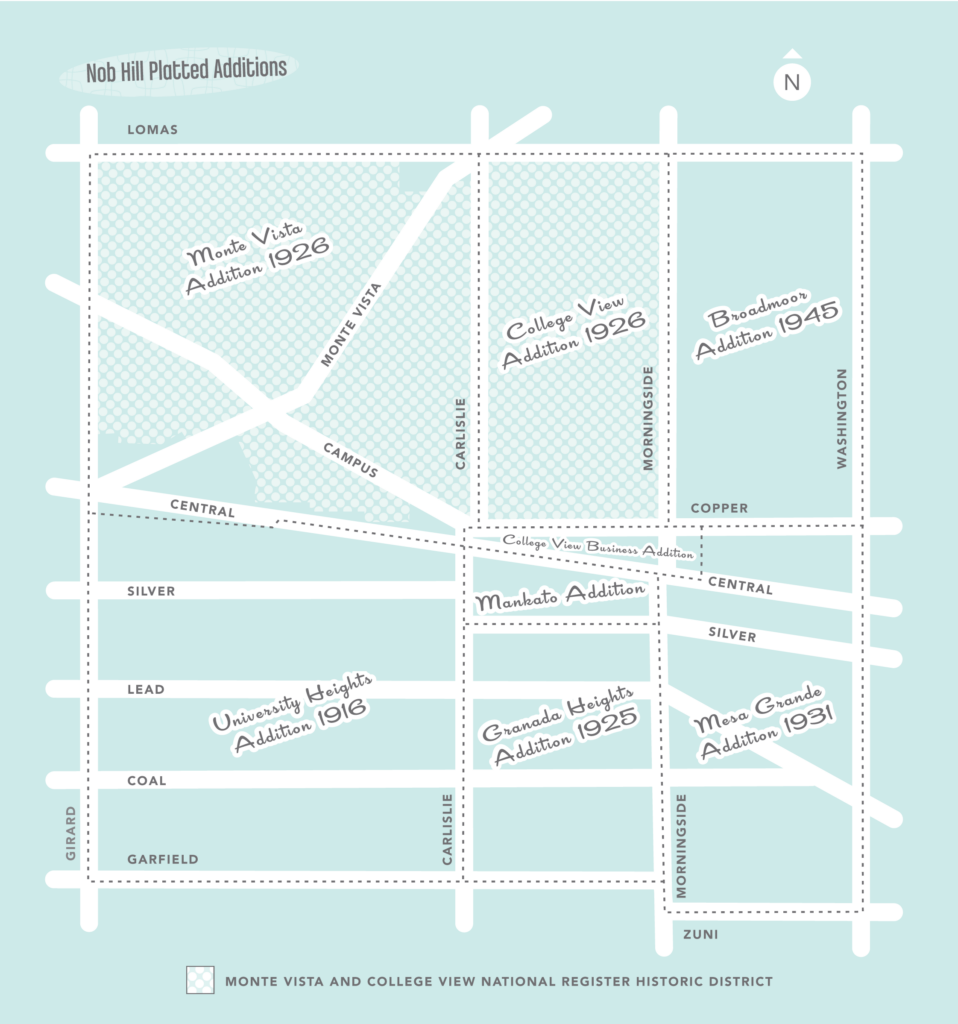 Map of Nob Hill Neighborhoods, surround Route 66 (Central Avenue). Image courtesy of Nob Hill Neighborhood Association. 