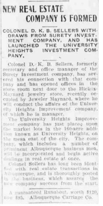 Article announcing Colonel D.K.B. Sellers has launched the University Heights Investment Company in 1906.