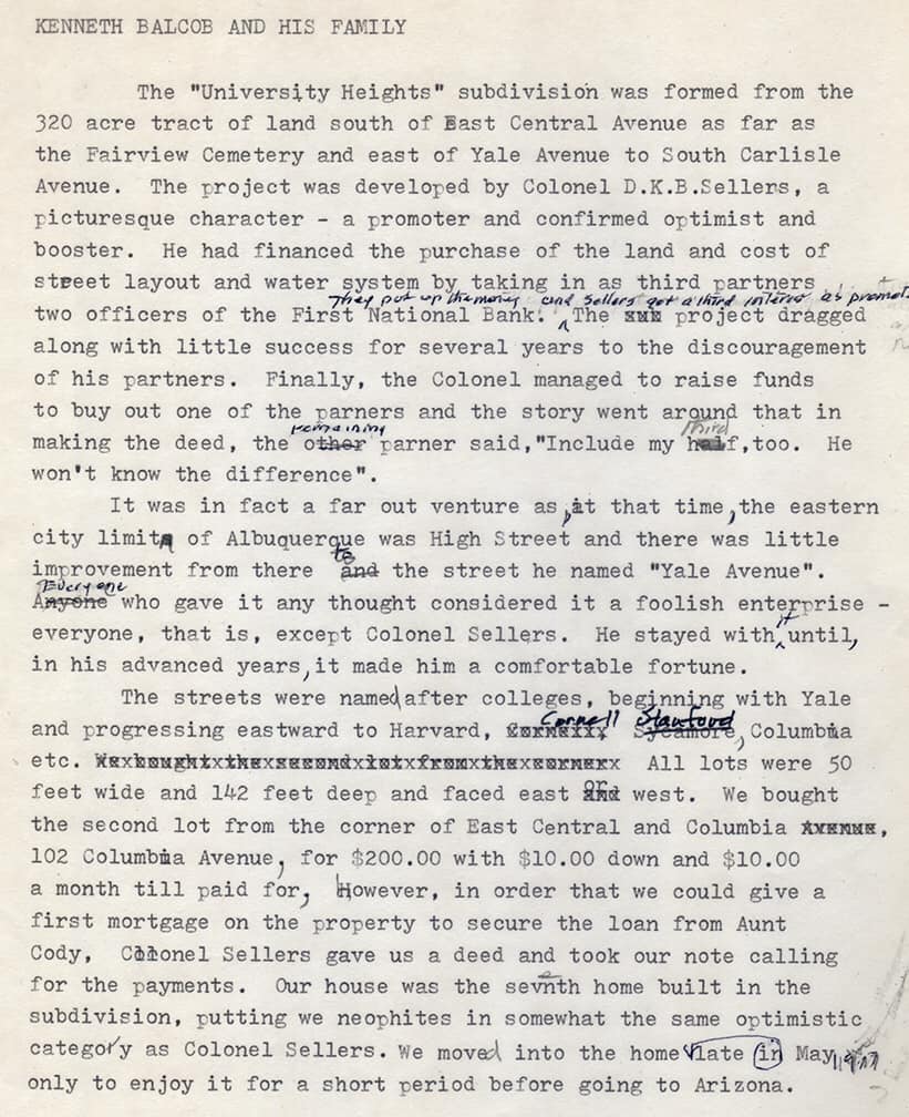 Copy of a page from Kenneth Balcomb's book, A Boy's Albuquerque, 1898-1912.