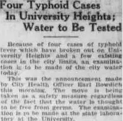 1920 Newspaper article titled: Four typhod cases in University Heights, Water to be tested.