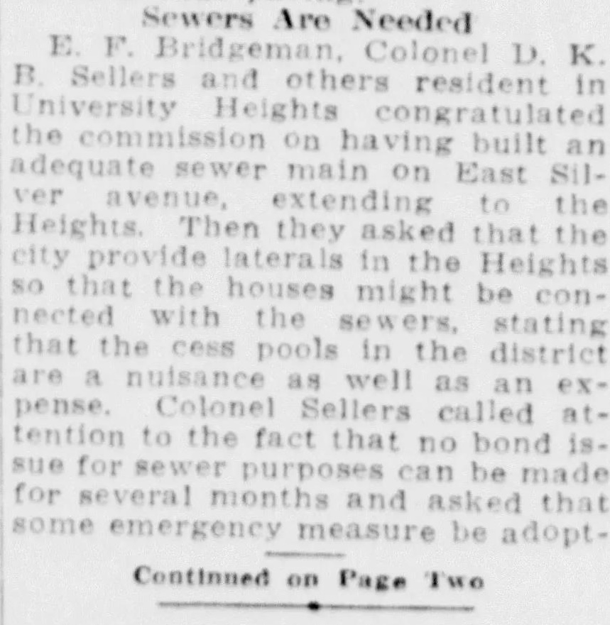 1925 article stating sewers are needed in the heights.