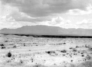 Black and white photo of Sandias with grasslands