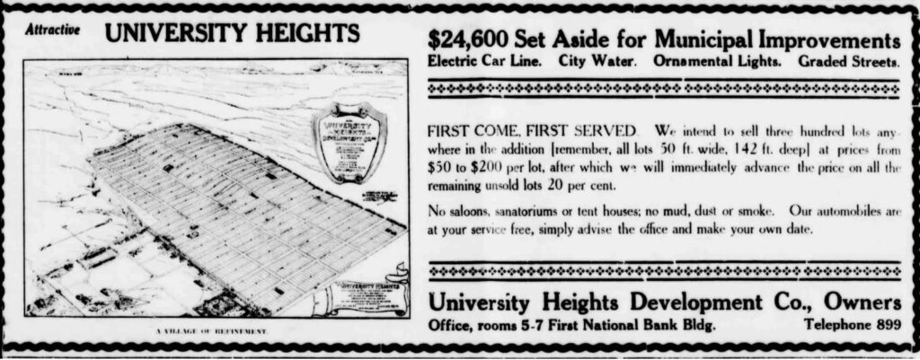 1916 newspaper clipping about the $24,600 in investments for University Heights.