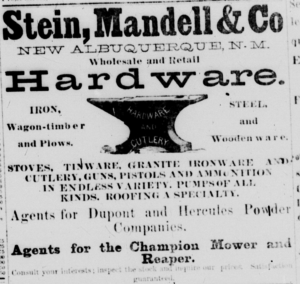 Image of hardware store ad from the late 1800s in Albuquerque, NM