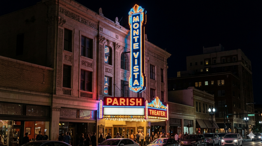 AI generated image of Monte Vista Parish on a neon theater marquee.