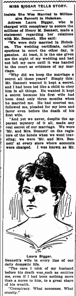 Newspaper article, Mchenry Plaindealer, October 9 1902 featuring Laura Beggar telling her version of the conspiracy theory behind her aquiring Bennett's estate.
