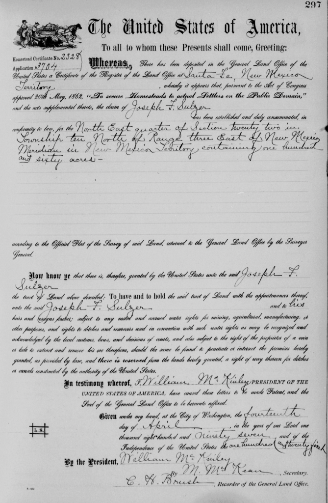 Image of original land patent secured by Joseph F. Sulzer in 1897.