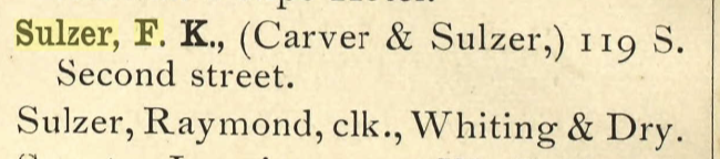 Image of clip of 1892 Albuquerque Directory indicating Sulzers address at 119 South Second Street, the location of Carver & Sulzer.