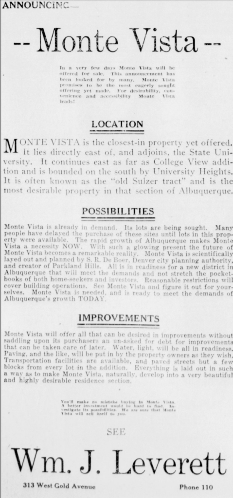 July 11, 1926 advertisement for lots in Monte Vista subdivision.