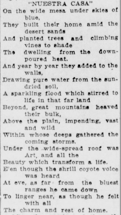 1926 Albuquerque Journal newspaper clipping of Nuestra Casa verse by Edward Kemeys.