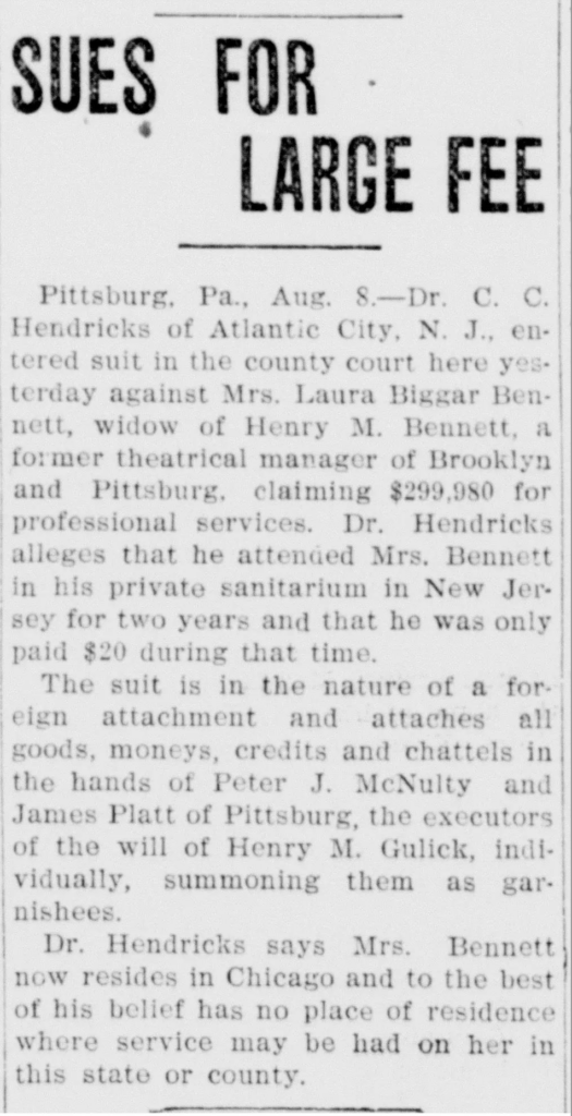 Newspaper clipping featuring the story of Laura's love and co-conspirator suing her for half her inherited estate as "fees for profesional services."
