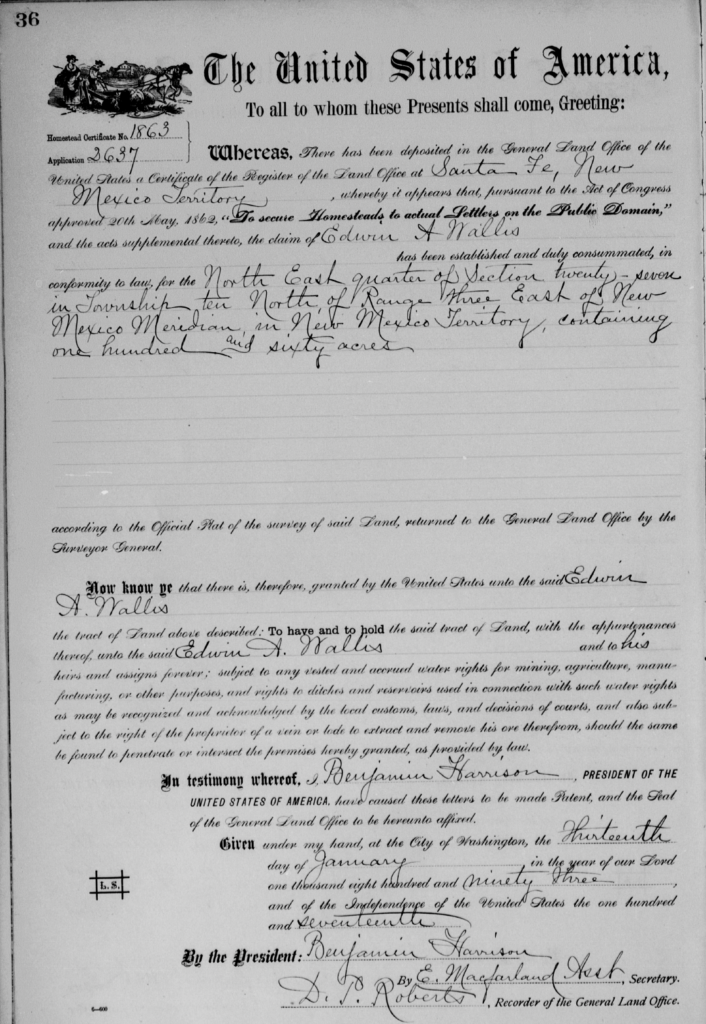 Copy of Wallis Land Deed signed by President Benjamin Harris.