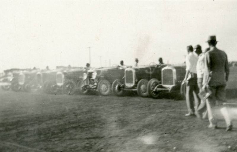Albuquerque Museum photograph, ca. 1930 of race cars on east mesa.