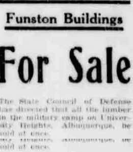 Albuquerque Evening Herald, August 26, 1918 headline - "Funston Buildings for Sale".