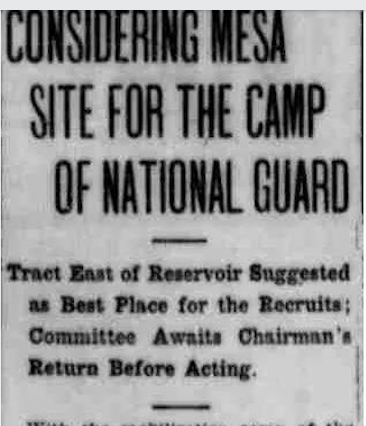 Clipping from Albuquerque Evening Herald, May 3, 1917.  Headline stating "Considering Mesa Site for the Camp of the National Guard."