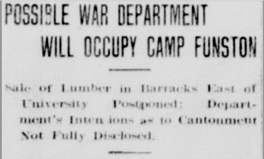 Headline from Albuquerque Morning Journal, March 16, 1918. "Possible war department will occupy Camp Funston.