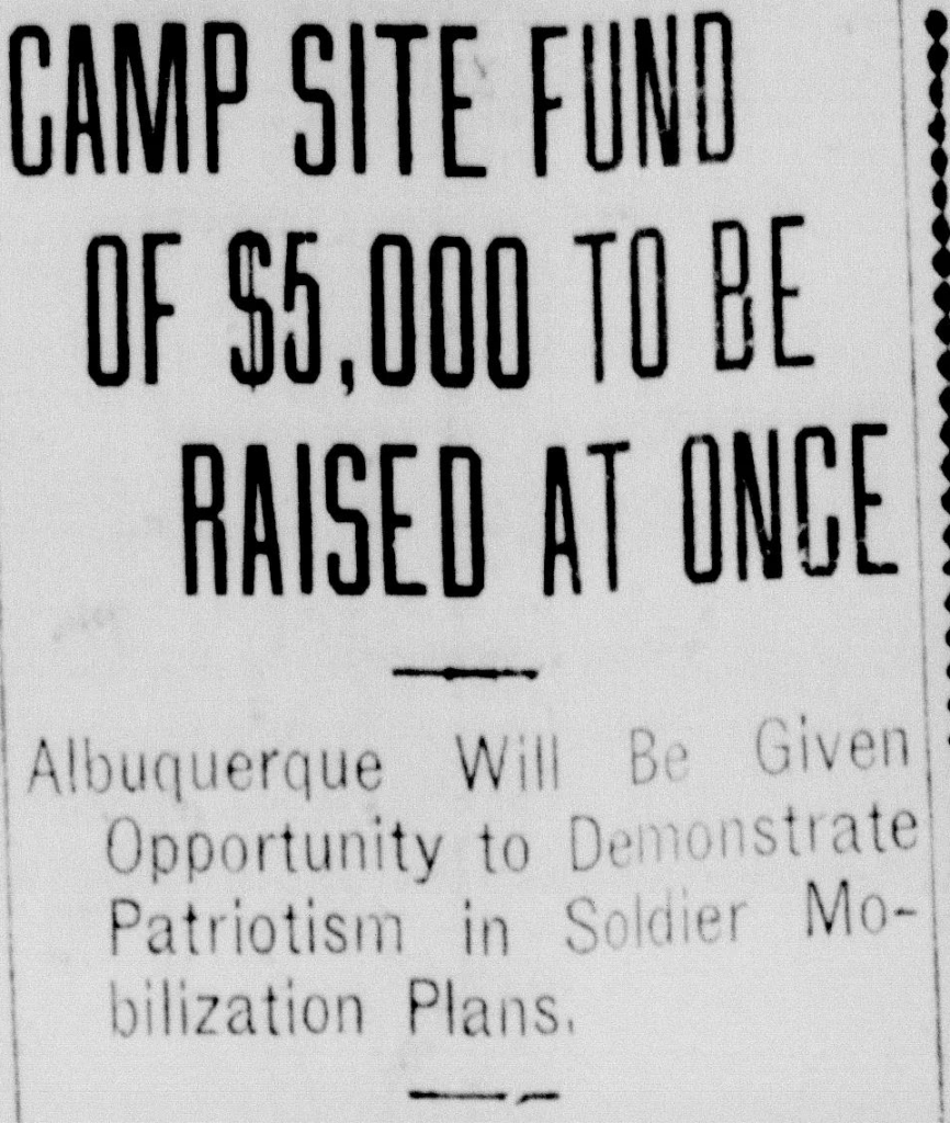 Headline from the Albuquerque Morning Journal, May 8, 1917 stating "$5,000 to be raised at once."