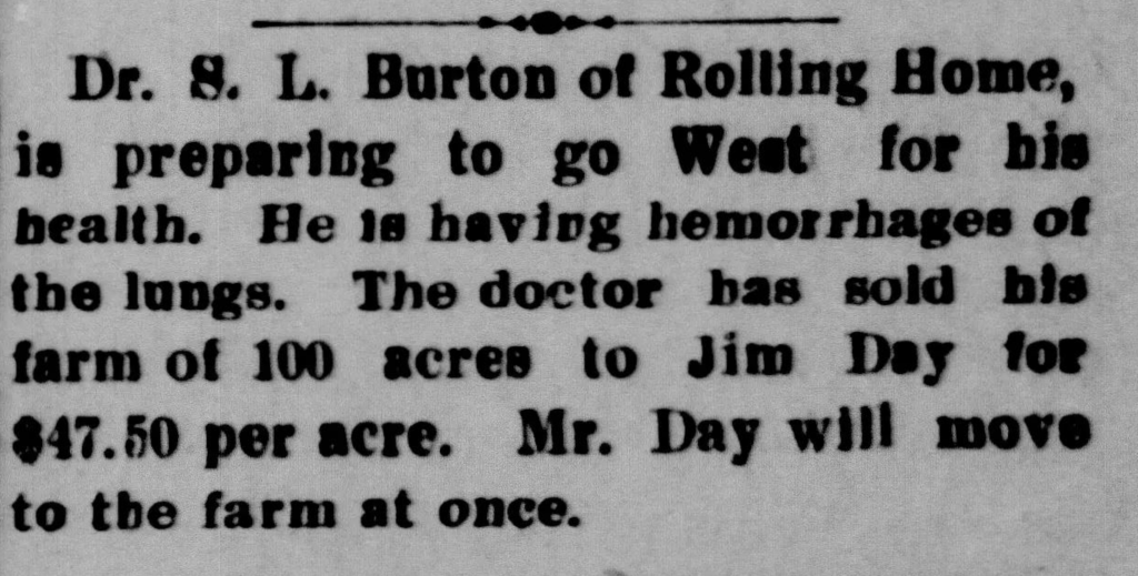 Clipping from the 1906 Moberly Evening Democrat stating Burton is heading west due to lung issues.