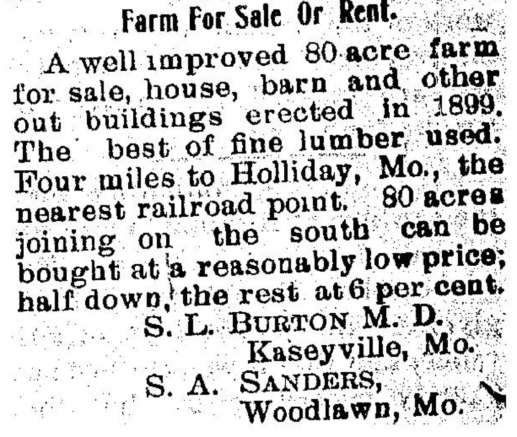 Moberly Evening Democrat, April 4, 1901. Ad for the sale of the Burton farm.