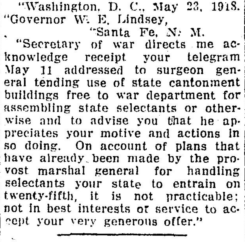 Santa Fe New Mexican, May 24 1918.  Printed telegram declining camp offer to US government.
