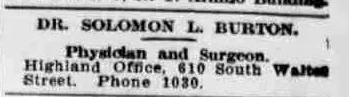 Ad in 1908 Albuquerque Citizen for Physicians office at 610 S. Walter.