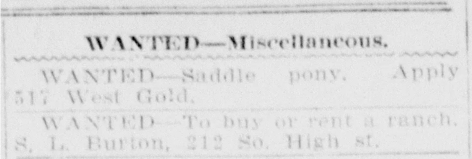 Albuquerque Morning Journal, Feb 25, 1907. Burton posted want ad for ranch.