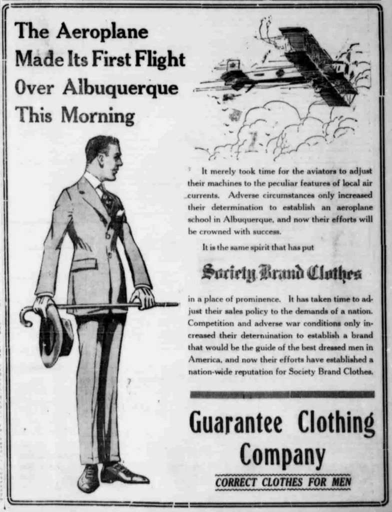 Advertisement for local clothier mentioning that the aviator school has flown its plane, Albuquerque Evening Herald, April 23, 1919.